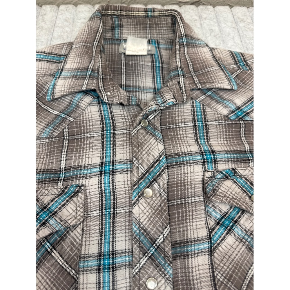 Wrangler Wrancher Mens Large Grey Teal Plaid‎ Pearl Snap Western Shirt MTSC92H